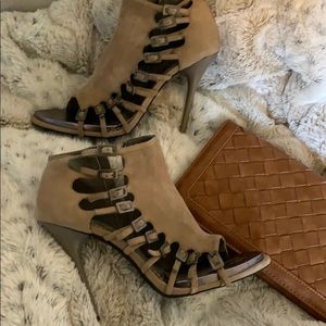 Bebe Tan Buckle Stilettos